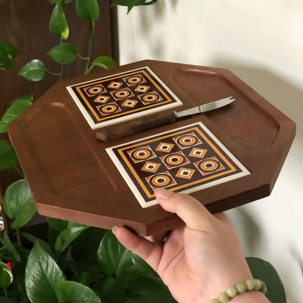 Mid-Century Modern Wood & Ceramic Tile Serving Board with Cheese Knife